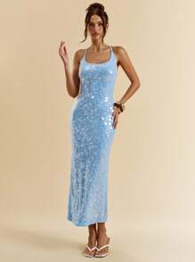 SHEIN BAE 夏季性感华丽薄荷绿亮片波西米亚风海滩度假演唱会服装女式露背夏季连衣裙，女士夏季服装，女士性感俱乐部服装，闪亮度假连衣裙，派对连衣裙 - 淺藍色 - 查看 4