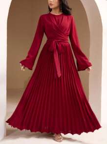 Veilorie Women's Elegant Solid Color Ruched Flared Sleeve Dress