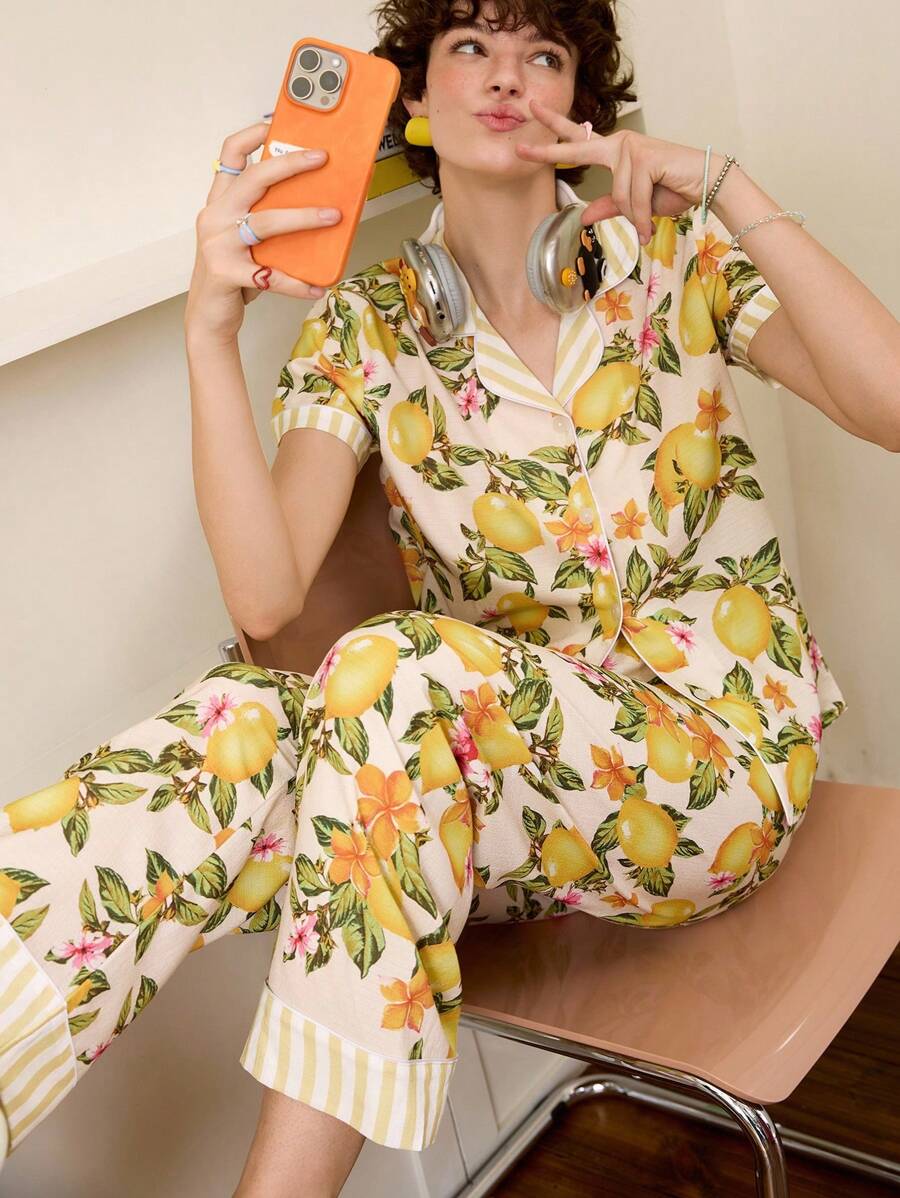 女士柠檬印花短袖睡衣套装