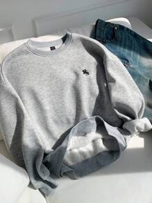 Comfortcana 返校秋季机场灰色针织女式刺绣圆领长袖套头衫，圆领刺绣灰色运动衫 - 淺灰色 - 查看 5