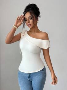 Elenzga Women's Elegant Apricot Oblique Shoulder Fitted T-Shirt With Bowknot Decor