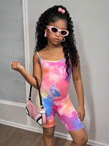 SHEIN Tween Girls' Fashionable Tie Dye Print Knit Camisole Jumpsuit Romper - Hot Pink - View 4