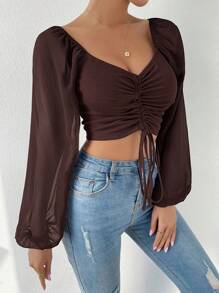 SHEIN Allurite Women's Lantern Sleeve Drawstring Cropped Blouse Chocolate Brown Ruched Tie Front Top,Fall,All Shades Of Brown,Summer,Seksi Chic,Night Out - Mocha Brown - View 4
