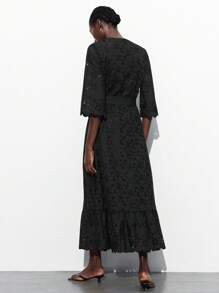 Maija 女士刺绣镂空腰系带长袖连衣裙，宽松夏季度假连衣裙，休闲风 - 黑色 - 查看 3