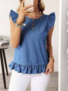 EMERY ROSE Women's Casual Ruffle Denim Blouse - Blue - View 5