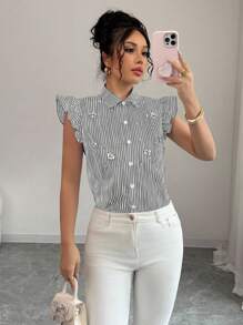 Elenzga Standard Size Women's Shirt With Collar, Butterfly Sleeves, Striped Elements, Embellished With Beading, Casual Shirt