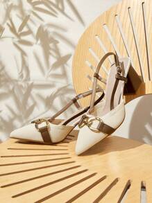 CUCCOO BASICS Women's Chic Mix Fabric Back Strap Chunky Heel Pointed Toe PU Leather Commute Slingback Pumps, Suitable For Dating, Party, Vacation For Christmas - Beige - View 2