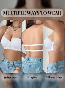 1pc Lace Lingerie Bra, Underwire Plunge Lingerie Bra For Small Bust, Push Up Invisible Backless Lingerie Bra - White - View 8