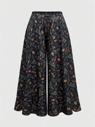 Fairycore Plus Size Women Summer Vacation Beach Boho Floral Print Wide Leg Pants With Elastic Waist