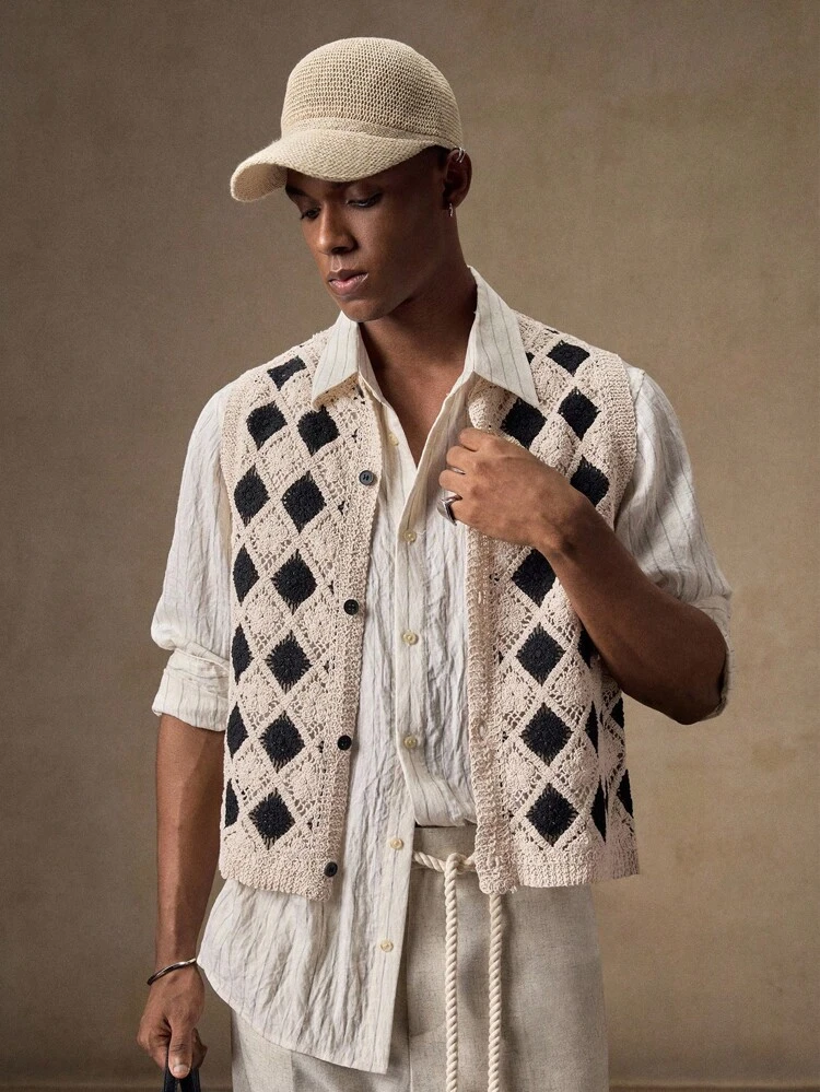 Men's Knitted Black & White Grid Pattern Crocheted Open Front Cardigan Vest, Boxy Fit Casual Loose Sleeveless Sweater Top, Round Neck Summer Gift For Boyfriend/Husband