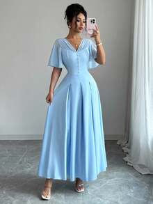 Elenzga Nuevo vestido casual y ligero de mujer con cuello en V de gasa, manga con volantes, botones al frente y dobladillo plisado, adecuado para ir al trabajo, citas, vacaciones y uso diario versátil, con efecto estilizador de la cintura y elegante