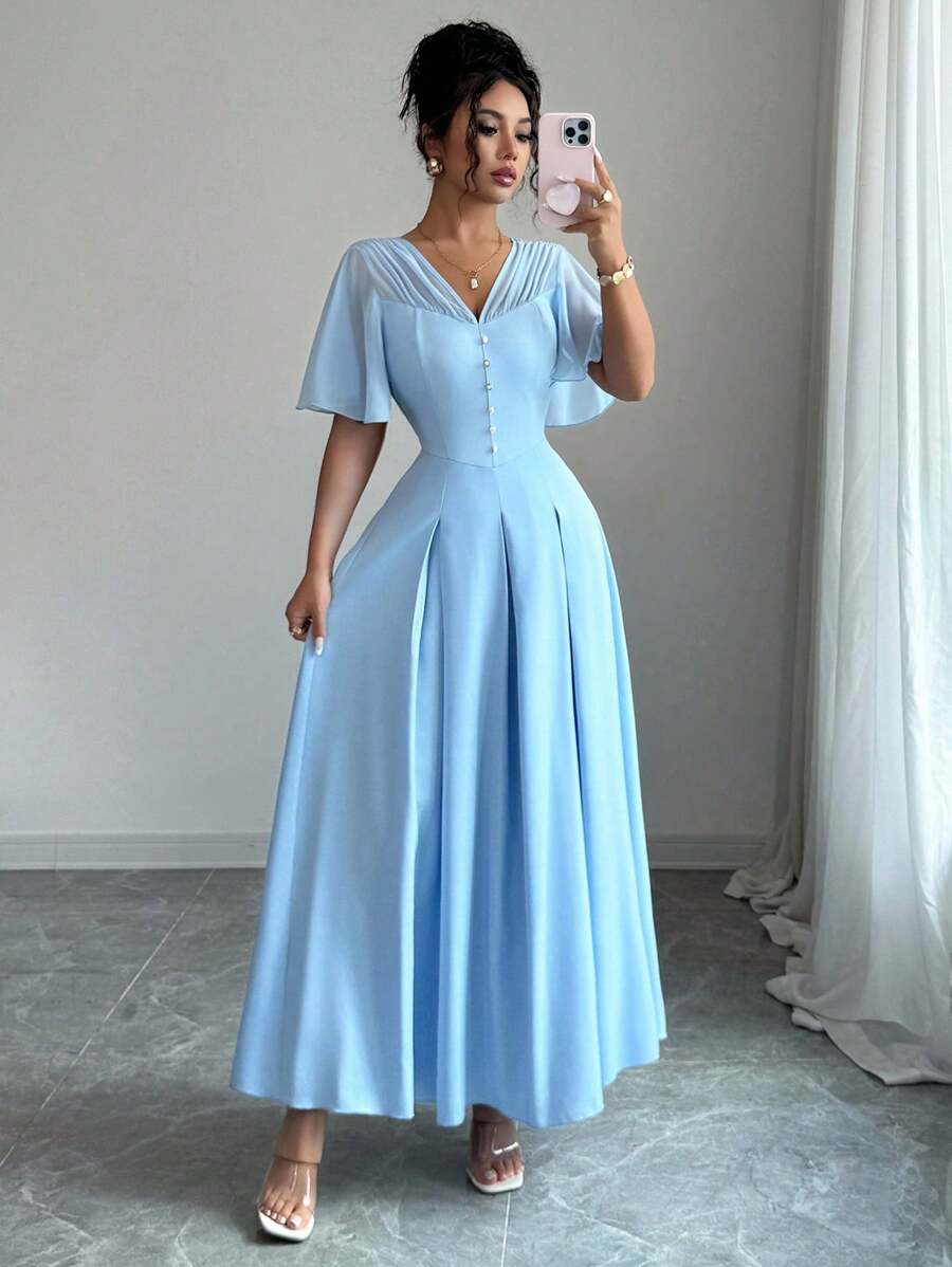 Elenzga Nuevo vestido casual y ligero de mujer con cuello en V de gasa, manga con volantes, botones al frente y dobladillo plisado, adecuado para ir al trabajo, citas, vacaciones y uso diario versátil, con efecto estilizador de la cintura y elegante
