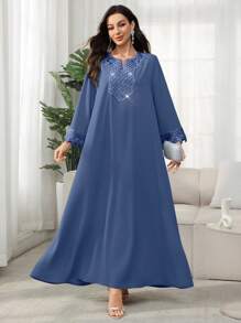 SHEIN Najma 优雅 V 领喇叭袖阿拉伯风格串珠装饰喇叭裙，春夏 - 藍色 - 查看 4