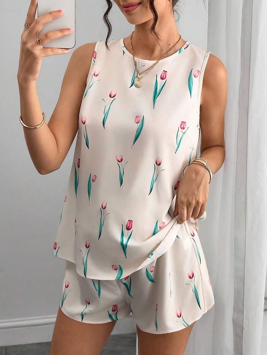 Momance 2pcs/Set Women Casual Print Sleeveless Top And Shorts Set, Maternity Outfit - Apricot - View 1