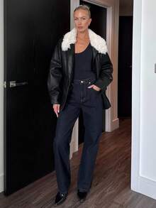 DAZY 女士秋冬仿羊羔绒领单排扣夹克，PU皮革工装绗缝外套，简约时尚 - 黑色 - 查看 6