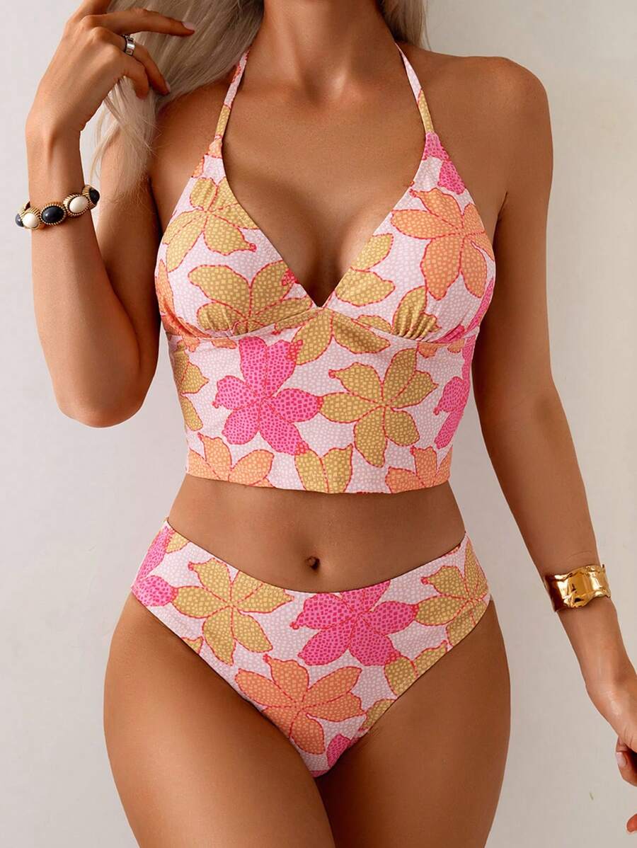 Swim Vcay 女士夏季休闲度假花卉印花 V 领吊带背心比基尼套装 - 彩色 - 查看 1