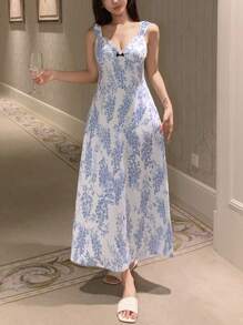 DAZY Plant Pattern Full Print Cinched Waist Long Slip Dress For Women - Blue - View 7