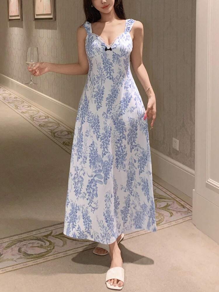Plant Pattern Full Print Cinched Waist Long Slip Dress For Women