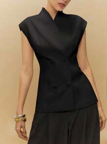 Poéselle Women's Elegant Commuting Solid Color Double-Breasted Thin Blazer In Fall/Winter - Black - View 5