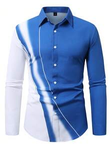Manfinity Mode 男士條紋單排扣休閒/辦公穿著長袖正式襯衫，秋季，儀式 - 寶藍色 - 查看 3