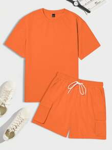 Manfinity Homme Men's Solid Color Crew Neck Short Sleeve Casual T-Shirt And Drawstring Waist Cargo Shorts Set - Orange - View 4