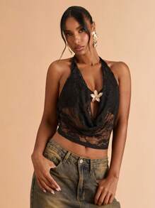 SHEIN BAE Damski głęboki dekolt z koronką i wzorem gwiazdy morskiej, seksowny top typu halter