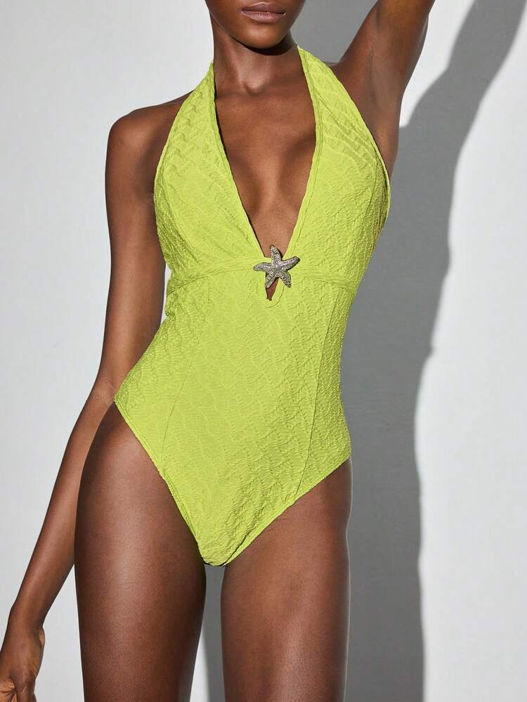 SHEIN Maija Women's Sexy Starfish Backless Halter Neck Bodysuit For Summer One Piece Bathing Suit Beachwear One Piece Green One Piece Swimsuit One Piece Swimsuit With Starfish Lime Green Swimsuit Halter One Piece Swimsuit, Fall Women Clothes