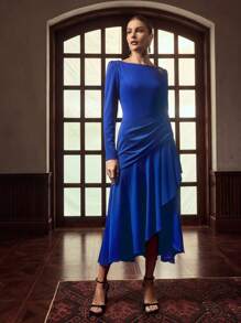 ZEYLAH Round Neck Waisted Metal Decor Maxi Elegant Dress - Blue - View 6