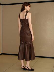 MOTF PREMIUM VESTIDO DE PU CON ENCAJE GUIPUR DE CONTRASTE - Marrón - Ver 4