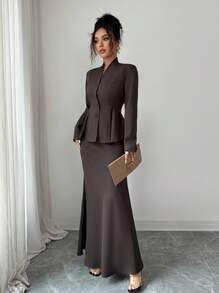 Islaluna Franclia Elegant V-Neck Button-Down Long-Sleeved Suit Perfect For Autumn Maillard Style Fall Cloth For Women - Brown - View 8