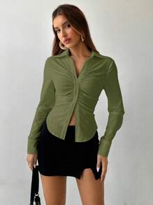Aloruh Women's Office Commute Daily Wear Pointed Hem Ruched Bust Stand Collar Single-Breasted Front Opening Fitted Long Sleeve Blouse, Autumn/Winter - Army Green - View 6