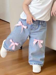 SHEIN Baby Mädchen süße rosa Schleife blaue Jeans weite Hose