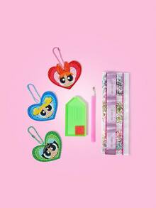 THE POWERPUFF GIRLS X SHEIN Tranh đính đá hình trái tim với họa tiết hoa, bong bóng, hoa mao lương - Nhiều màu - Xem 1