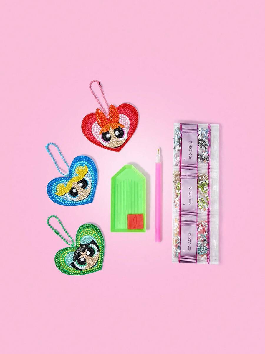 THE POWERPUFF GIRLS X SHEIN Tranh đính đá hình trái tim với họa tiết hoa, bong bóng, hoa mao lương - Nhiều màu - Xem 1