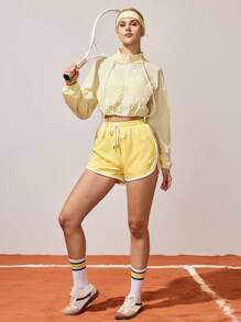CourtClass 女士撞色宽松休闲短裤，带口袋，个性化印花运动短裤，适合跑步、网球 - 黃色 - 查看 8