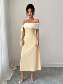 Modelyn 女士撞色露肩扭纹设计优雅中长款拼接连衣裙