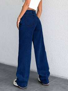 EURMUSE 100% Cotton Low Waist Snow Wash Wide Leg Jeans - Dark Wash - View 2