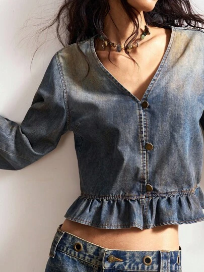 Bohemela 秋冬波西米亚风休闲纯色破洞牛仔喇叭长袖女衬衫