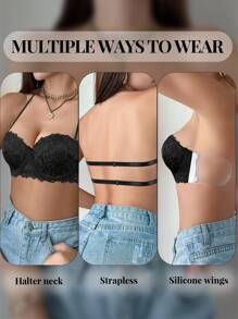 1pc Lace Back Strapless Bra With Underwire For Women, Push Up Bra With Invisible Strap, Enhancing Small Bust - Black - View 3
