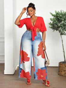 SHEIN CURVE+ Pantalones vaqueros de talla grande con estampado de lirios rojos, pantalones anchos con cintura elástica cómoda, pantalones con estampado de lirios coloridos de estilo Y2K para festivales de música de otoño - Lavado ligero - Ver 2