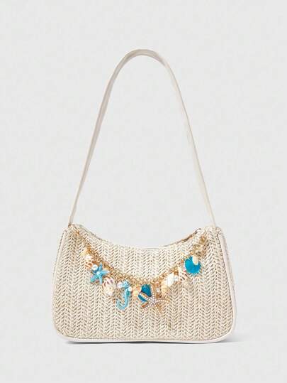 ROMWE Fairycore 1 Set Dokuma Plaj Tote Çantası ve Aksesuarları, Moda Kişiselleştirilmiş Plaj Tatil Stili Bayan Çantası (1 Çanta ve 1 Aksesuar Seti İçerir)