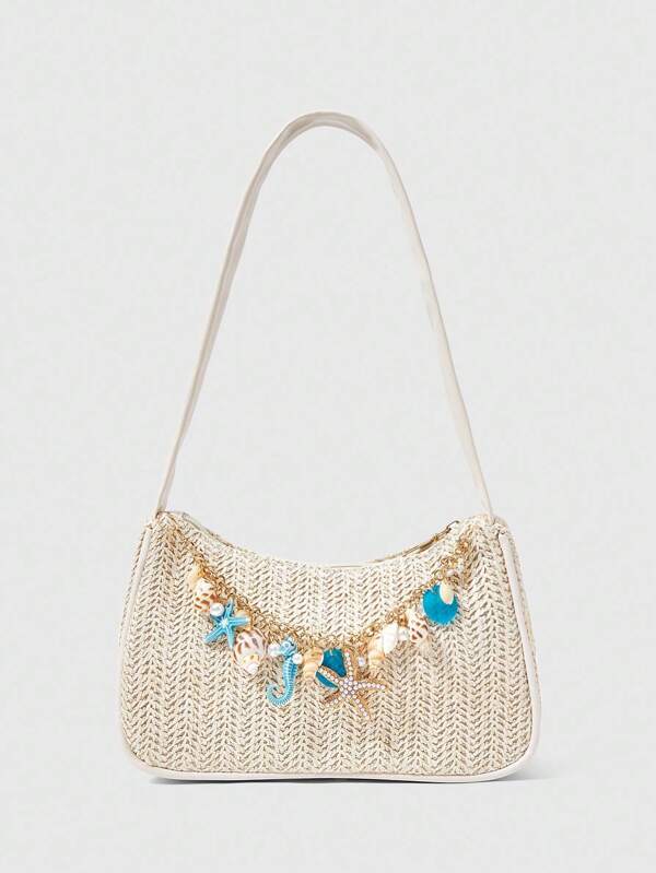 ROMWE Fairycore 1 Set de Bolso de Playa Trenzado y Accesorios, Estilo de Bolso de Mano de Resort de Playa de Moda Personalizada para Dama (Incluye 1 Bolso y 1 Set de Accesorios)