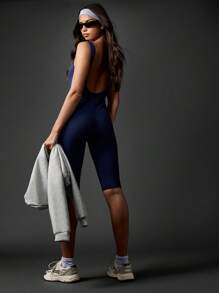 MISSGUIDED Unitard Jumpsuit Athletic Bodysuit Biker Shorts Performance Sleeveless High Neck Training Activewear Stretchy Racing Competition Practice - Navy Blue - View 2