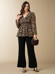 Flouryn Blusa de mujer de talla grande de estilo casual y sexy con cuello en V, mangas largas, cintura entallada y estampado de leopardo en gasa