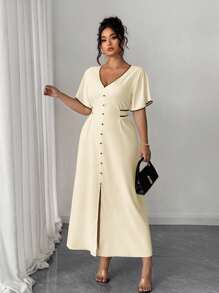 Elenzga 大码女式优雅 V 领纽扣腰带撞色休闲中长连衣裙 - 杏色 - 查看 3