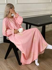 DAZY All-Over Pattern Loose Fit Ruffle Hem Lantern Sleeve Long Nightgown For Women, Fall Pajama - Apricot - View 5