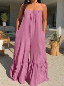 INAWLY Women's Fashionable Solid Color Ruffle Hem Wide Leg Sleeveless Casual Jumpsuit - Pink - View 3