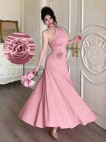 Modelyn Women's Solid Color Sleeveless Oblique Neck Pleated Slim Long Dress - Pink - View 4