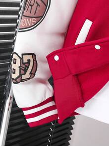 SHEIN Teen Boy Casual Vacation Slogan Print Contrast Color Long Sleeve Baseball Jacket Fall Winter