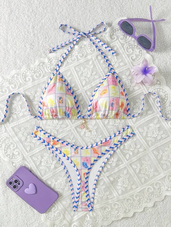 Swim Mod Set de 2 bikini tanga cu imprimeu floral aleatoriu, material texturat, cu halter, decorațiuni cu perle artificiale și croială înaltă, costum de baie sexy